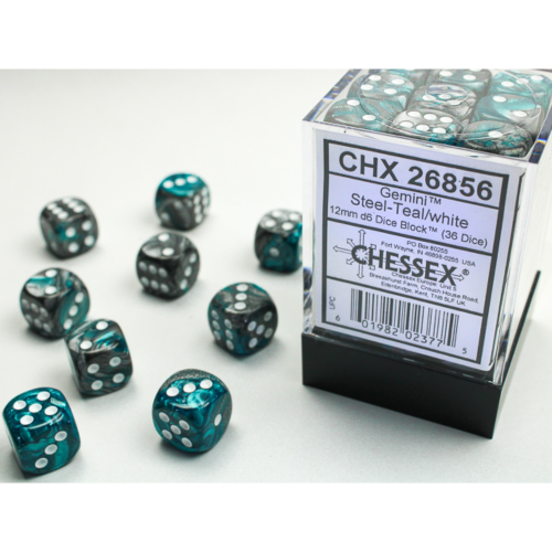 Chessex Gemini Steel-Teal/White 12mm D6 Dice Block (36 Würfel)