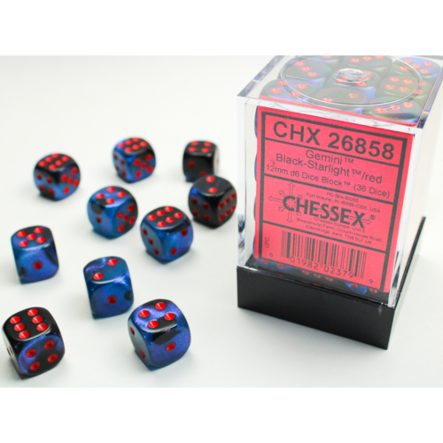 Chessex Gemini Black-Starlight/Red 12mm D6 Dice Block (36 Würfel)