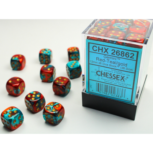 Chessex Gemini Red-Teal/Gold 12mm D6 Dice Block (36 Würfel)