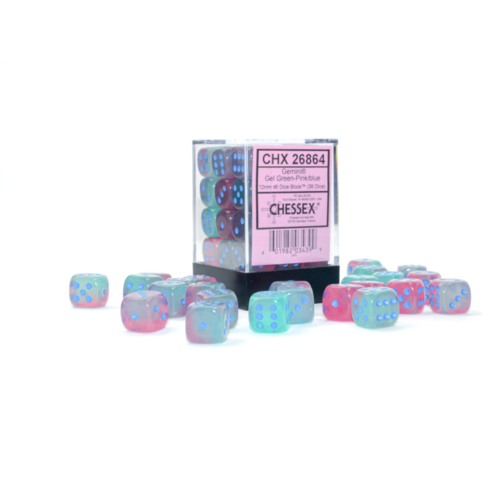 Chessex Gemini Gel Green-Pink/Blue Luminary 12mm D6 Dice Block (36 Würfel)