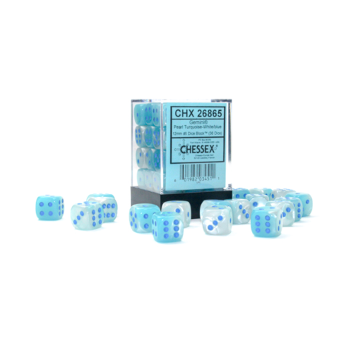 Chessex Gemini Pearl Turquoise-White/Blue Luminary 12mm D6 Dice Block (36 Würfel)
