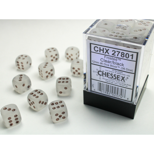Chessex Frosted Clear/Black 12mm D6 Dice Block (36 Würfel)
