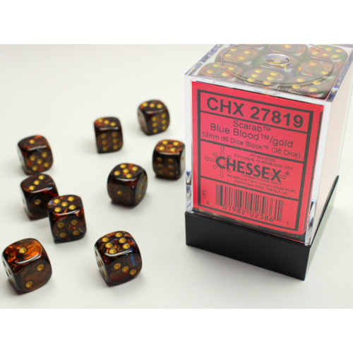 Chessex Scarab Blue Blood/Gold 12mm D6 Dice Block (36 Würfel)