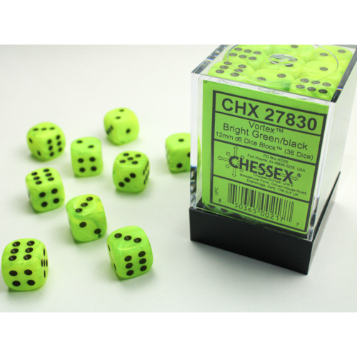 Chessex Vortex Bright Green/Black 12mm D6 Dice Block (36 Würfel)