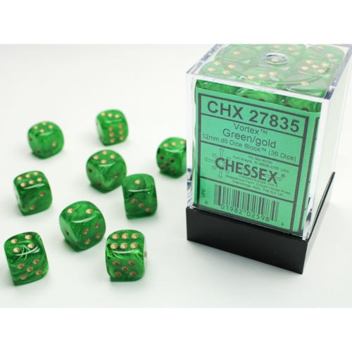 Chessex Vortex Green/Gold 12mm D6 Dice Block (36 Würfel)