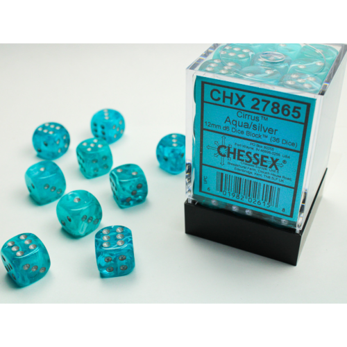 Chessex Cirrus Aqua/Silver 12mm D6 Dice Block (36 Würfel)