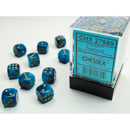 Chessex Phantom Teal/Gold 12mm D6 Dice Block (36 Würfel)