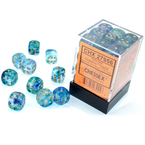 Chessex Nebula Oceanic/Gold Luminary 12mm D6 Dice Block (36 Würfel)