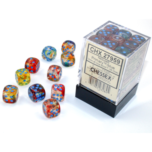 Chessex Nebula Primary/Blue Luminary 12mm D6 Dice Block (36 Würfel)