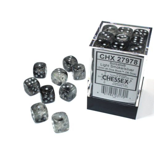 Chessex Borealis Light Smoke/Silver Luminary 12mm D6 Dice Block (36 Würfel)