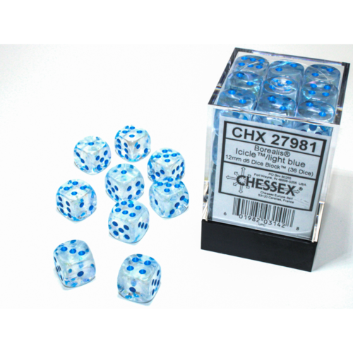 Chessex Borealis Icicle/Light Blue Luminary 12mm D6 Dice Block (36 Würfel)
