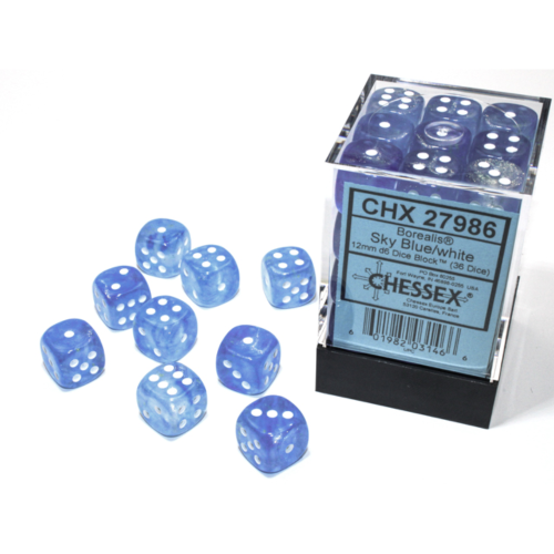 Chessex Borealis Sky Blue/White Luminary 12mm D6 Dice Block (36 Würfel)