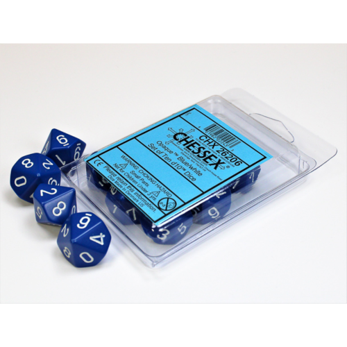 Chessex Opaque Blue/White Set of Ten D10s