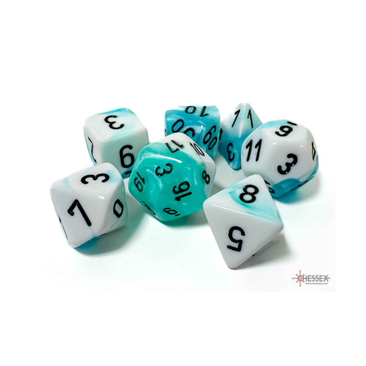 Chessex – Set De 7 Dés Polyédriques 10 Mm – Translucide Bleu Sarcelle/blanc – D4 D6 D8 D10 D12 D20 D% – Parfait Pour D&D